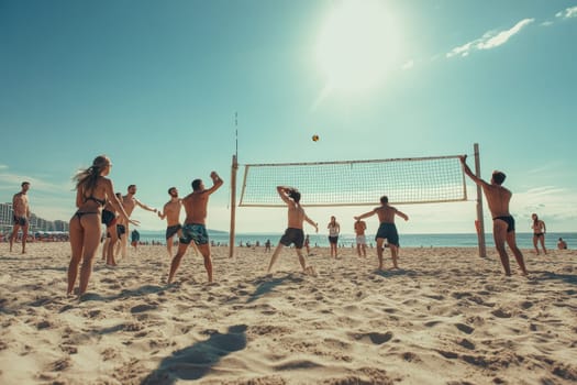 Group of friends playing beach volleyball on a crowded sunny beach with city backdrop.
