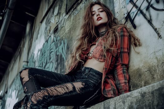 Young woman in grunge style outfit posing against graffiti wall, embodying urban fashion and attitude.