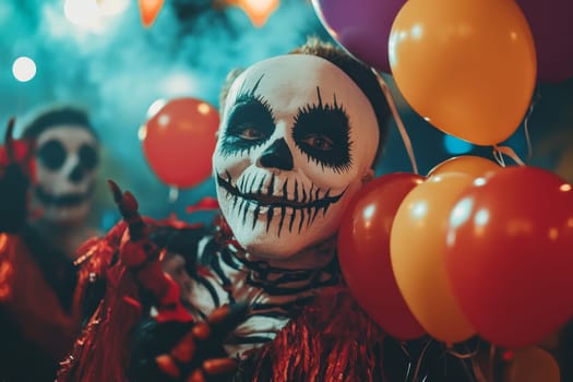 Person in scary clown makeup and costume surrounded by colorful balloons at a Halloween party.