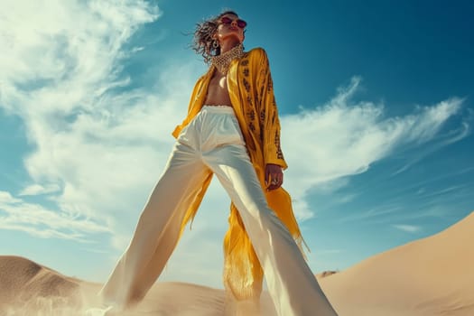 Woman in vibrant yellow outfit and sunglasses posing confidently against a blue sky and sand dunes.