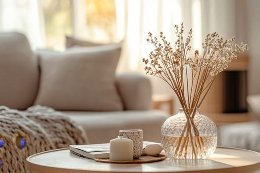 Warm and inviting living room corner with dried flowers, candle, and soft textures.
