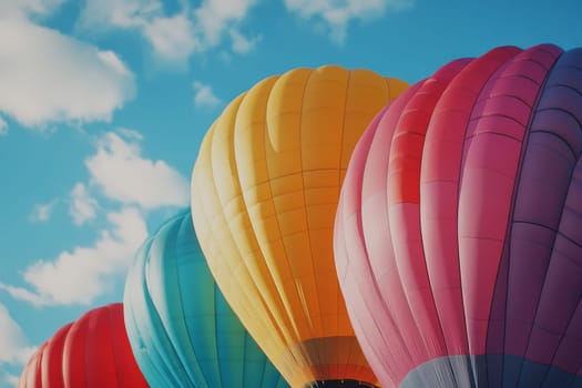 Close up of vibrant multicolored hot air balloons floating in a clear blue sky with white clouds.