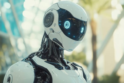 Close up of a sleek, white robotic head with glowing blue eyes, showcasing advanced artificial intelligence and futuristic technology.