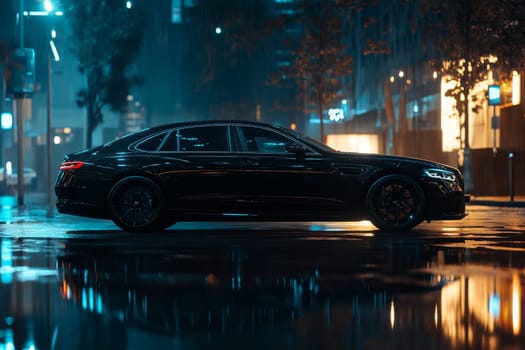 A sleek black luxury sedan parked on a wet city street at night, surrounded by neon lights and reflections in the rain.