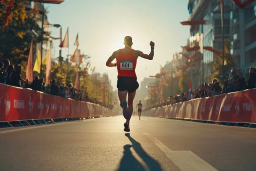 Silhouette of a marathon runner approaching the finish line at sunset, surrounded by cheering crowds and colorful banners.