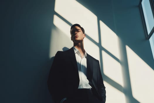 A young businessman in a dark suit stands confidently, bathed in dramatic window light and shadows.