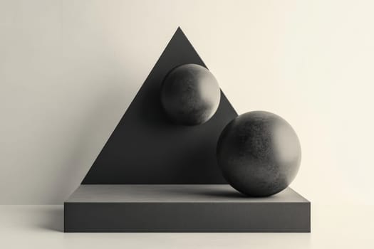 Abstract composition with textured spheres and triangle on dark platform.
