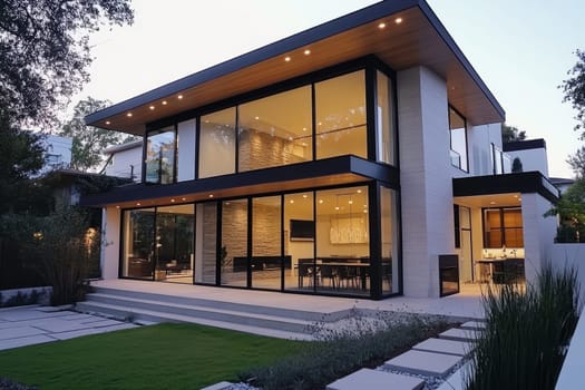 Contemporary two story home with expansive windows, glowing interior, and landscaped yard.