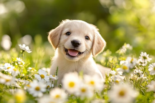 Smiling puppy sitting among white daisies in sunny meadow, showcasing joy.