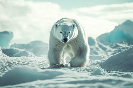 Large polar bear walking on snowy terrain, embodying power and Arctic adaptation.