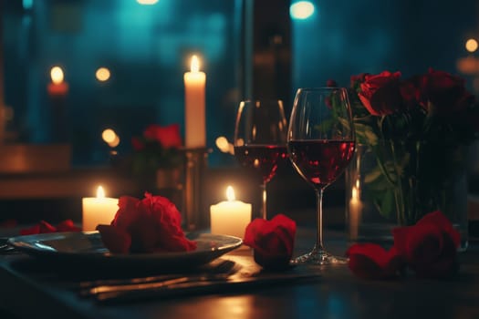 Elegant dinner table with wine glasses, candles, and red roses in dark setting.