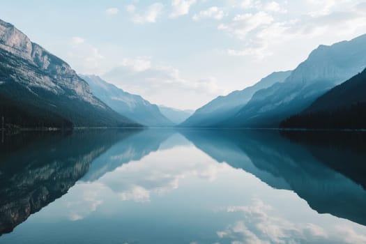 Calm mountain lake reflecting surrounding peaks and sky in crystal clear water.