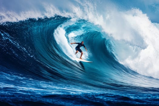 A surfer skillfully rides a towering blue wave, demonstrating extreme sport prowess against a backdrop of turbulent ocean waters.