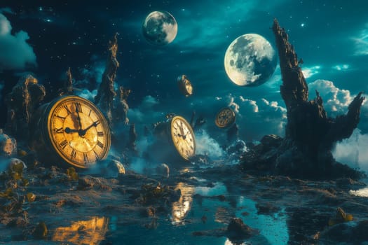Surreal landscape with floating clocks, twin moons, and rocky formations under a starry night sky.