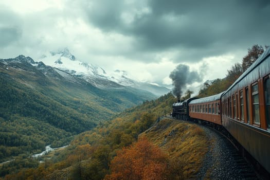 A vintage steam train travels through a mountainous landscape with autumn foliage and snow capped peaks under a cloudy sky.