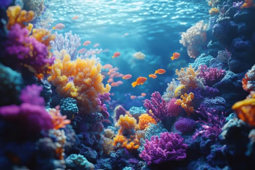 Colorful coral reef teeming with tropical fish in clear blue water, showcasing underwater biodiversity.