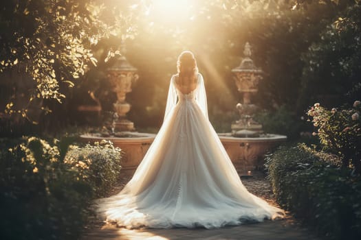 Bride in elegant white gown with flowing veil, standing in lush garden bathed in golden sunlight.