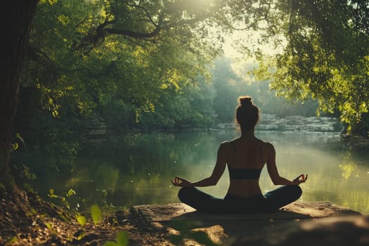 Silhouette of woman meditating on rock by tranquil forest lake at golden hour, surrounded by lush greenery.