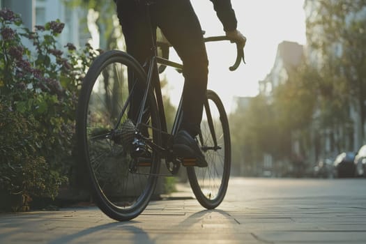 Cyclist riding through a city street at golden hour, with sunlight filtering through trees and buildings.
