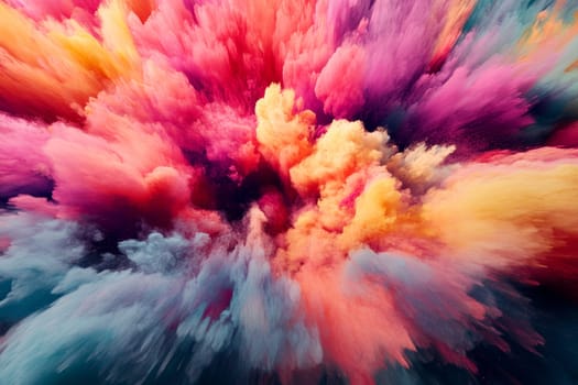 Dynamic burst of colorful powder clouds in pink, purple, orange and blue hues against a dark background.