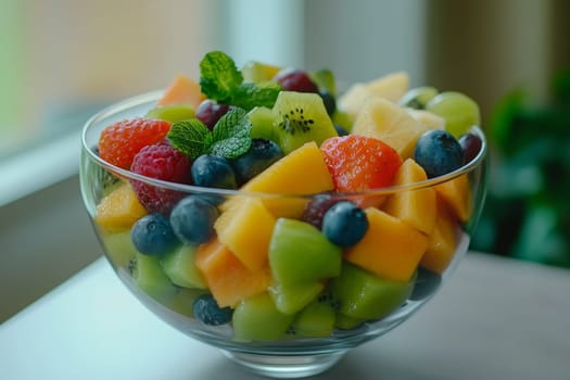 Colorful assortment of fresh cut fruits in a glass bowl, including berries, kiwi, mango, and mint leaves.