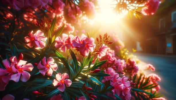a blooming pink oleander bush in sunlight.