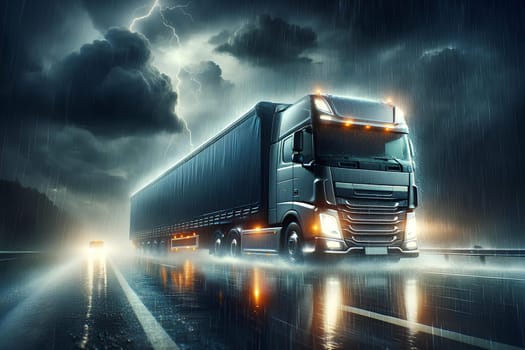 a large cargo truck drives along a highway at dusk during a heavy rainstorm.