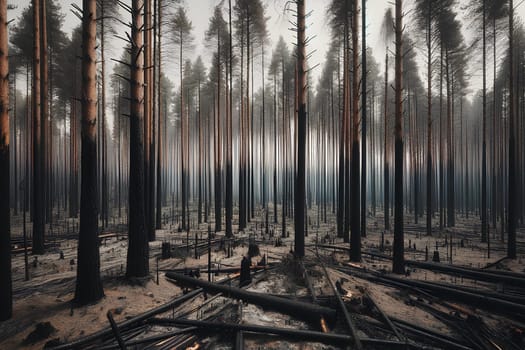 a scorched coniferous forest, the aftermath of a severe forest fire.