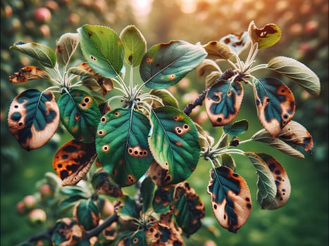 apple tree branches affected by apple scab.