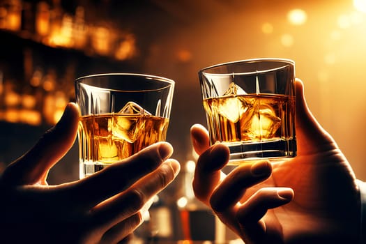 close-up two men's hands clinking whiskey glasses in a bar.