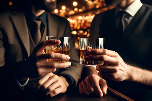 two men clinking whiskey glasses in a bar, close up.