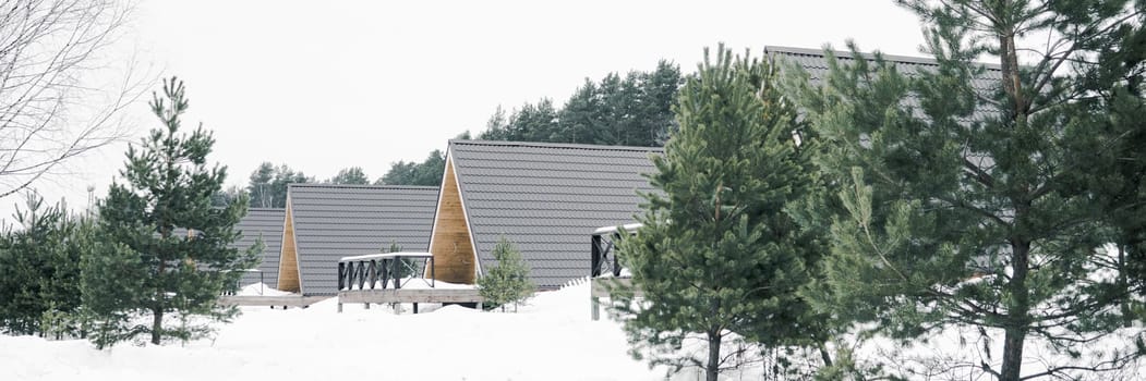 A country house in nature in winter. Rest in an ecologically clean place in winter. Glamping in nature