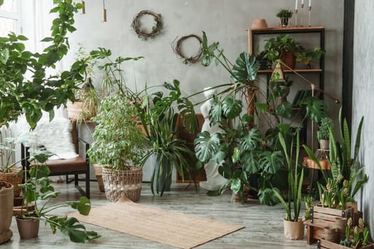 A fragment of the interior with a variety of indoor plants and plaster sculptures. Urban jungle concept. Biophilia design.