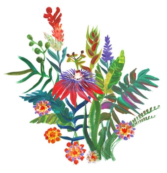 tropical bright vertical bouquet painted in gouache with palm leaves and Strelitzia flower isolated on white background for cards and prints on fabric
