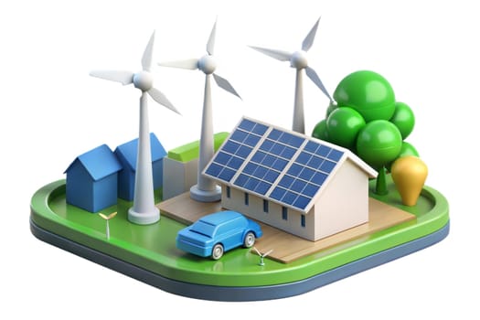 Concept of sustainable energy solution. Solar panels, battery energy storage facility, wind turbines integrated in life. Ai generated image
