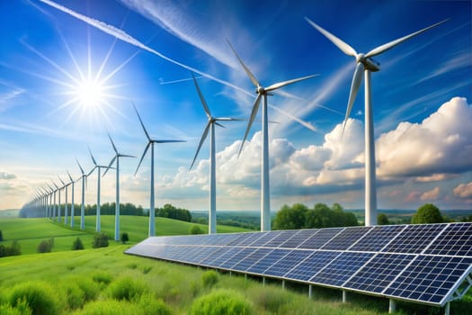 Concept of sustainable energy solution. Frameless solar panels, battery energy storage facility, wind turbines. Ai generated image