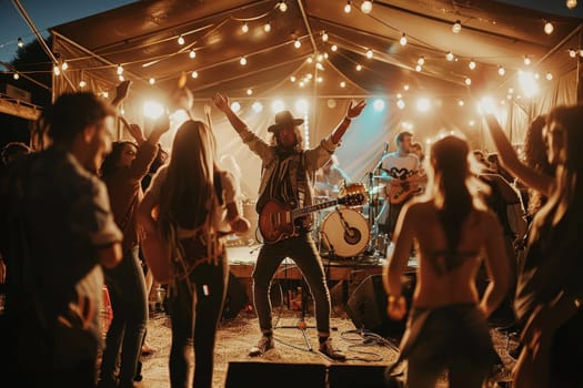 Musician performs on stage with enthusiastic crowd, warm ambient lighting