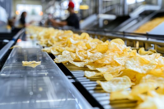 Fresh potato chips on conveyor belt in modern food processing facility