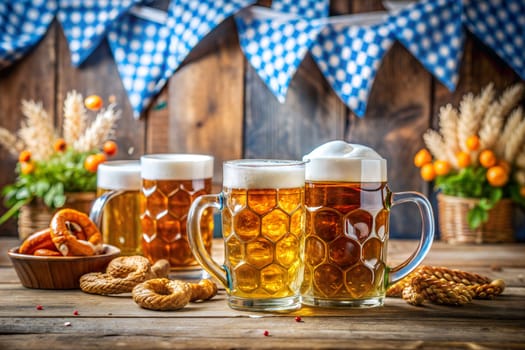 Octoberfest Beer and pretzels on wooden background with Bavarian flags. Ai generated image