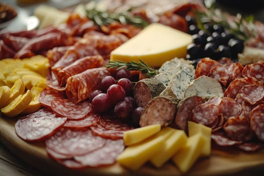 Close-up of a charcuterie board with various meats, cheeses, grapes, and herbs, perfect for appetizers or wine pairing.