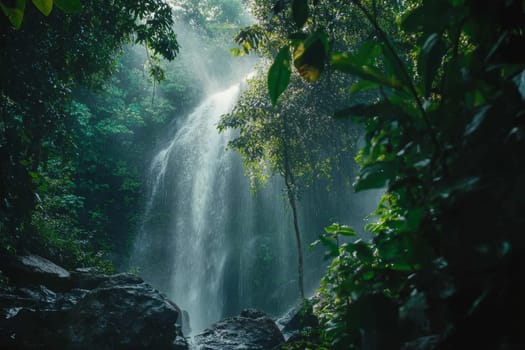 A cascading waterfall surrounded by lush green vegetation in a tropical rainforest setting.