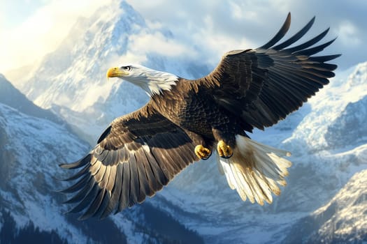 Bald eagle with outstretched wings flying against backdrop of snow-covered mountain peaks and cloudy sky.