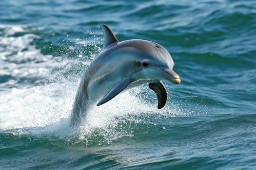 Stunning close-up of a bottlenose dolphin jumping out of turquoise ocean water with splashing waves.