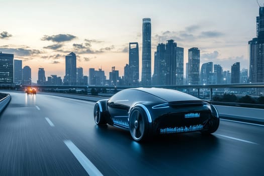 Sleek concept car with glowing blue accents driving on elevated highway against dramatic urban skyline at dusk.