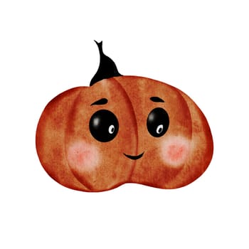 Cute pumpkin for halloween watercolor. Hand drawn kawaii monster. Clip art of a character with a funny face . Ideal for decorating invitations and cards for Halloween. High quality illustration