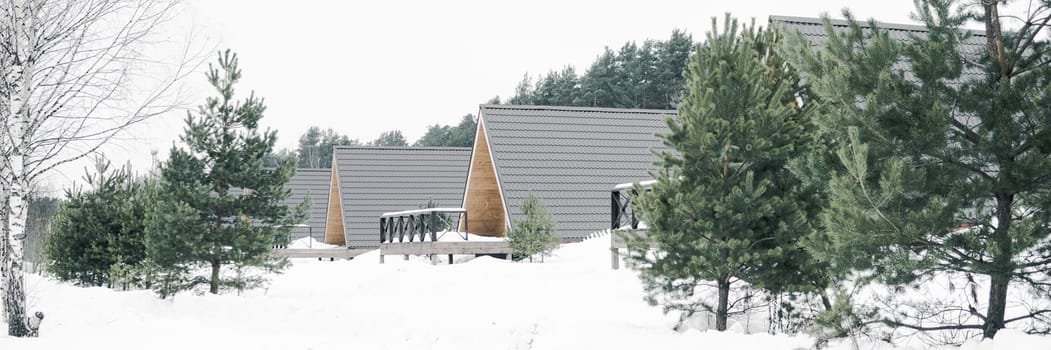 A country house in nature in winter. Rest in an ecologically clean place in winter. Glamping in nature