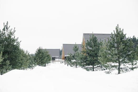 A country house in nature in winter. Rest in an ecologically clean place in winter. Glamping in nature