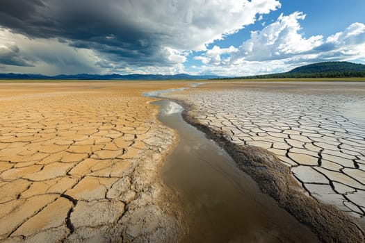 Cracked earth and a narrow stream under dramatic sky, illustrating severe drought and climate change impact.