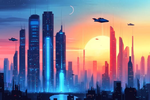 Futuristic city skyline with glowing neon skyscrapers and flying vehicles against a vivid sunset sky.