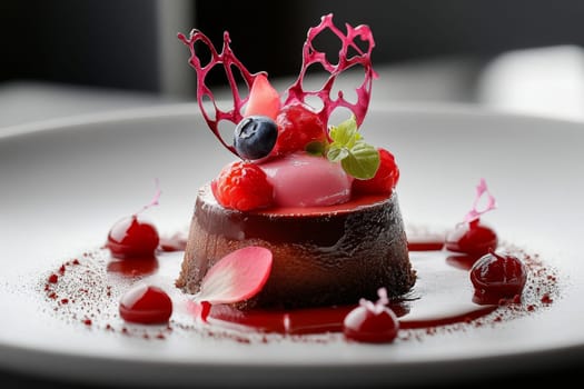 Exquisite chocolate dessert topped with fresh berries, adorned with a delicate sugar art decoration and berry coulis.
